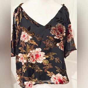 Cupcakes & Cashmere Black Floral Velvet Blouse Cold Shoulder Sz L NWT Romantic